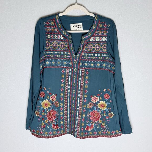 Savanna Jane Tops - Savanna Jane Teal Floral Embroidered Long Sleeve Blouse Boho Peasant Medium